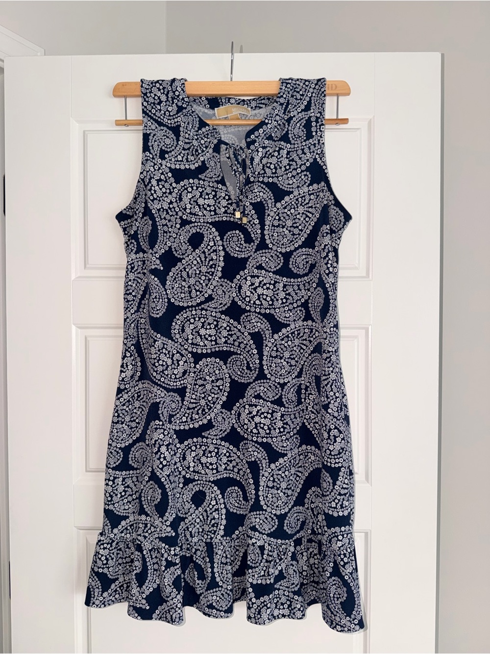 Michael Kors Navy and White Paisley Sleeveless Ruffle-Hem Dress